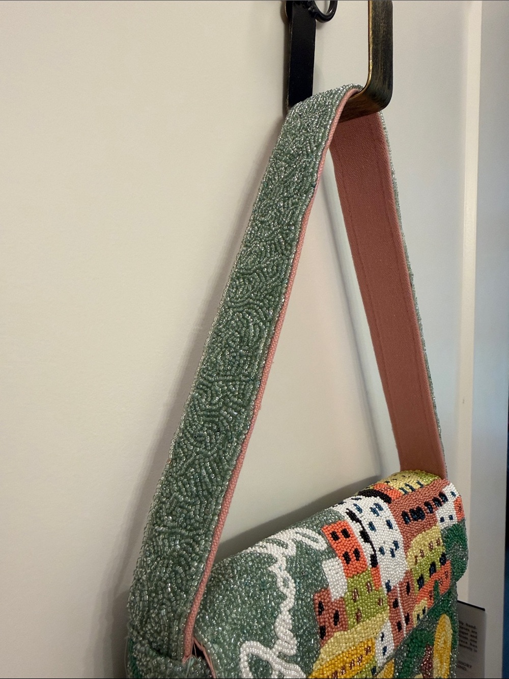 NTW-NEW VIRAL Beaded Amalfie Cityscape Shoulder Bag in Green, Yellow & Pink - Picture 7 of 11